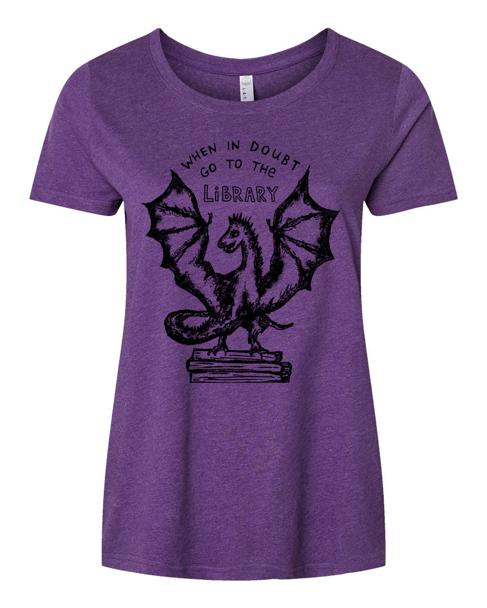 a women's purple t - shirt with an image of a dragon on it