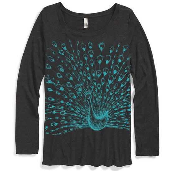 A black long-sleeved shirt with a graphic design depicting a peacock spreading its feathers.