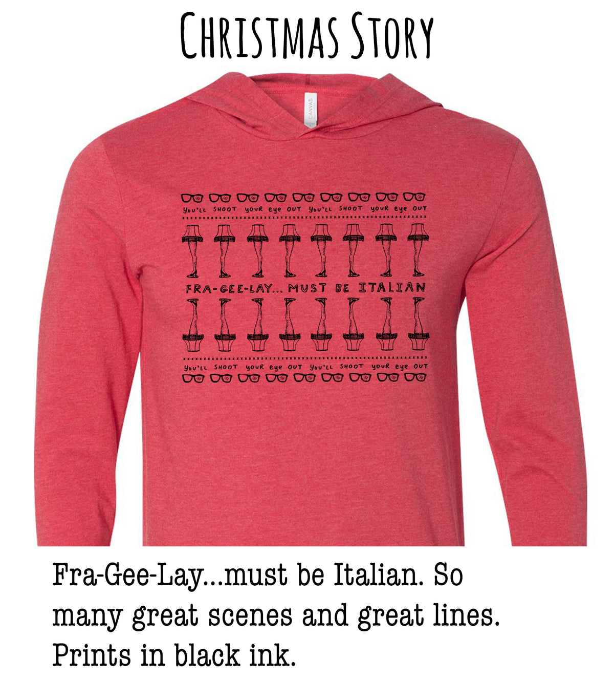 A red hoodie with a Christmas-themed design featuring a repeating pattern of glasses and text.