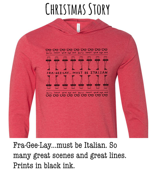 A red hoodie with a Christmas-themed design featuring a repeating pattern of glasses and text.