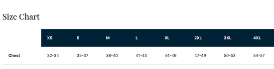 The image is a size chart that provides measurements for different sizes, ranging from 32-34 to 50-53.