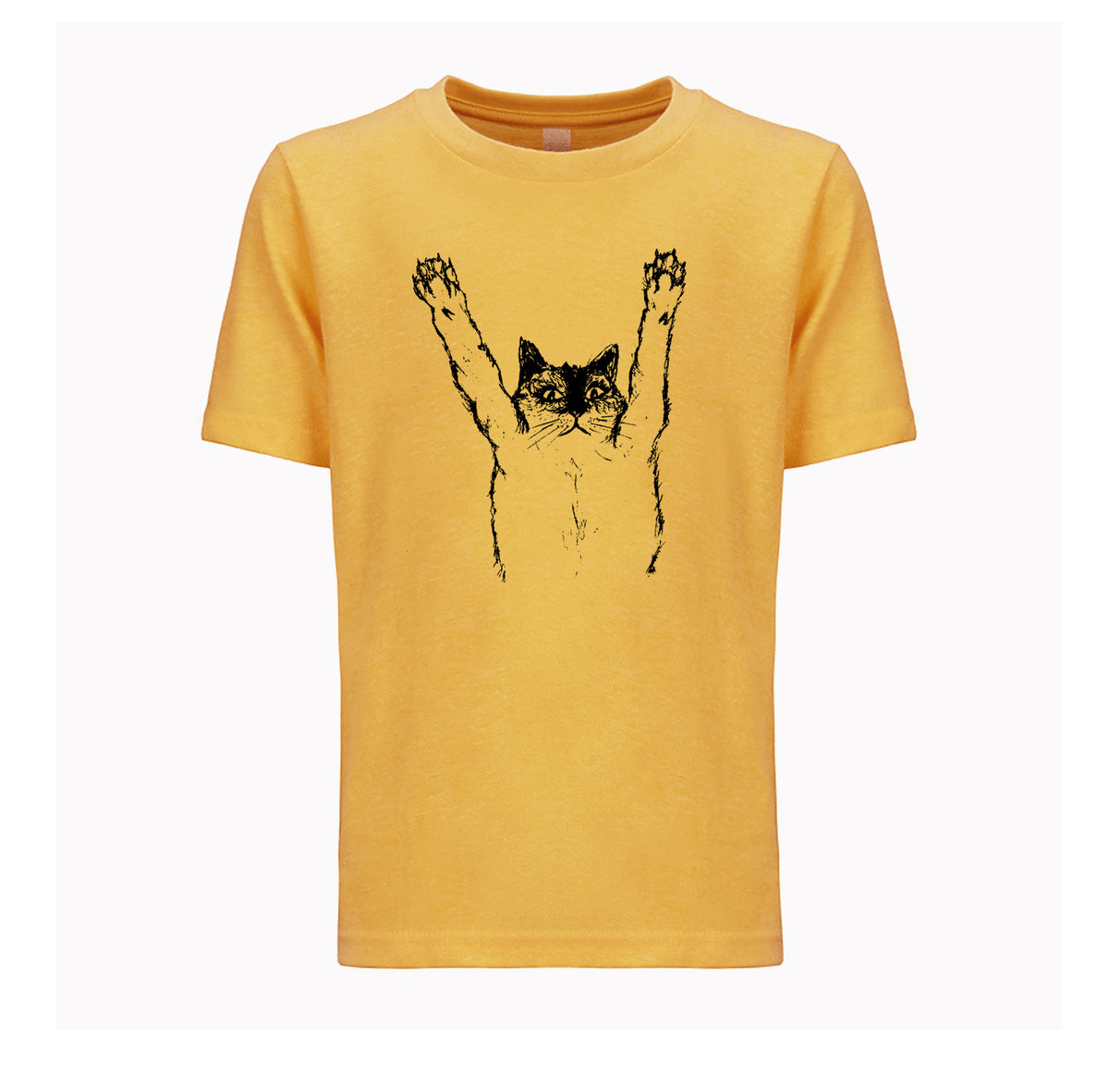 A yellow t-shirt with a black cat graphic printed on it.