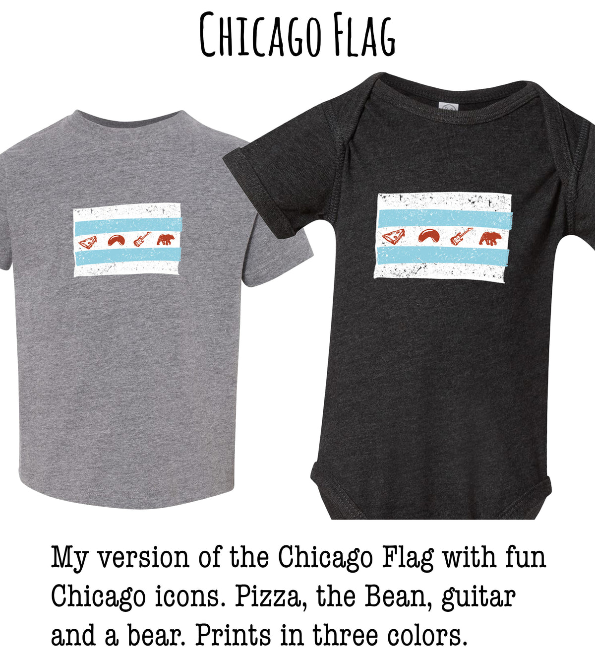 two versions of the Chicago Flag, with one version featuring fun Chicago icons such as pizza, the bean, guitar, and a bear, and the other version in black.