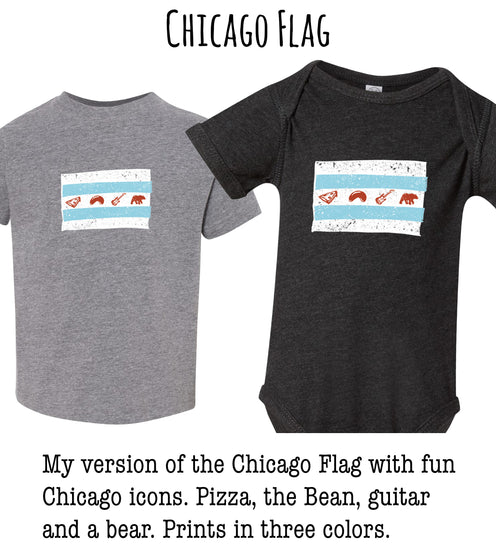 two versions of the Chicago Flag, with one version featuring fun Chicago icons such as pizza, the bean, guitar, and a bear, and the other version in black.
