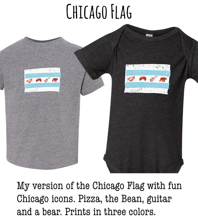 two versions of the Chicago Flag, with one version featuring fun Chicago icons such as pizza, the bean, guitar, and a bear, and the other version in black.