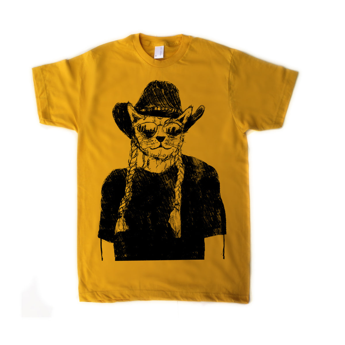 A yellow t-shirt with a black and white illustration of a cat wearing a cowboy hat and sunglasses.