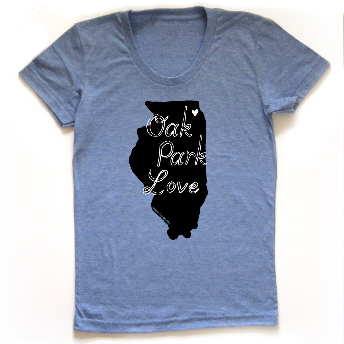 A blue t-shirt with a graphic design featuring the text "OAK PARK LOVE" in a stylized font.
