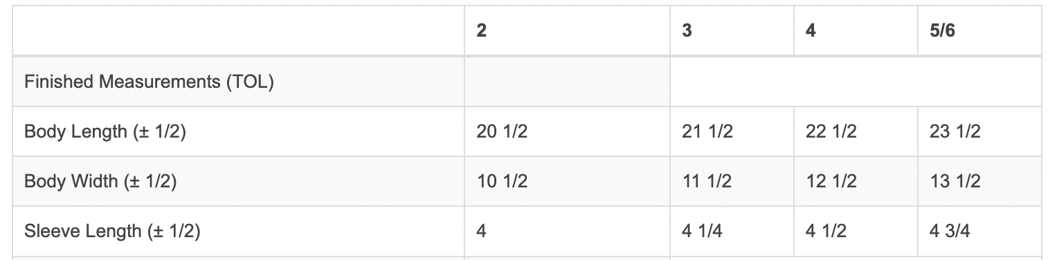a table with measurements for different clothing items, including body length, body width, and sleeve length. The table provides the corresponding measurements for each item, such as 20 1/2, 22 1/2, and 23 1/2 inches.