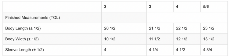a table with measurements for different clothing items, including body length, body width, and sleeve length. The table provides the corresponding measurements for each item, such as 20 1/2, 22 1/2, and 23 1/2 inches.