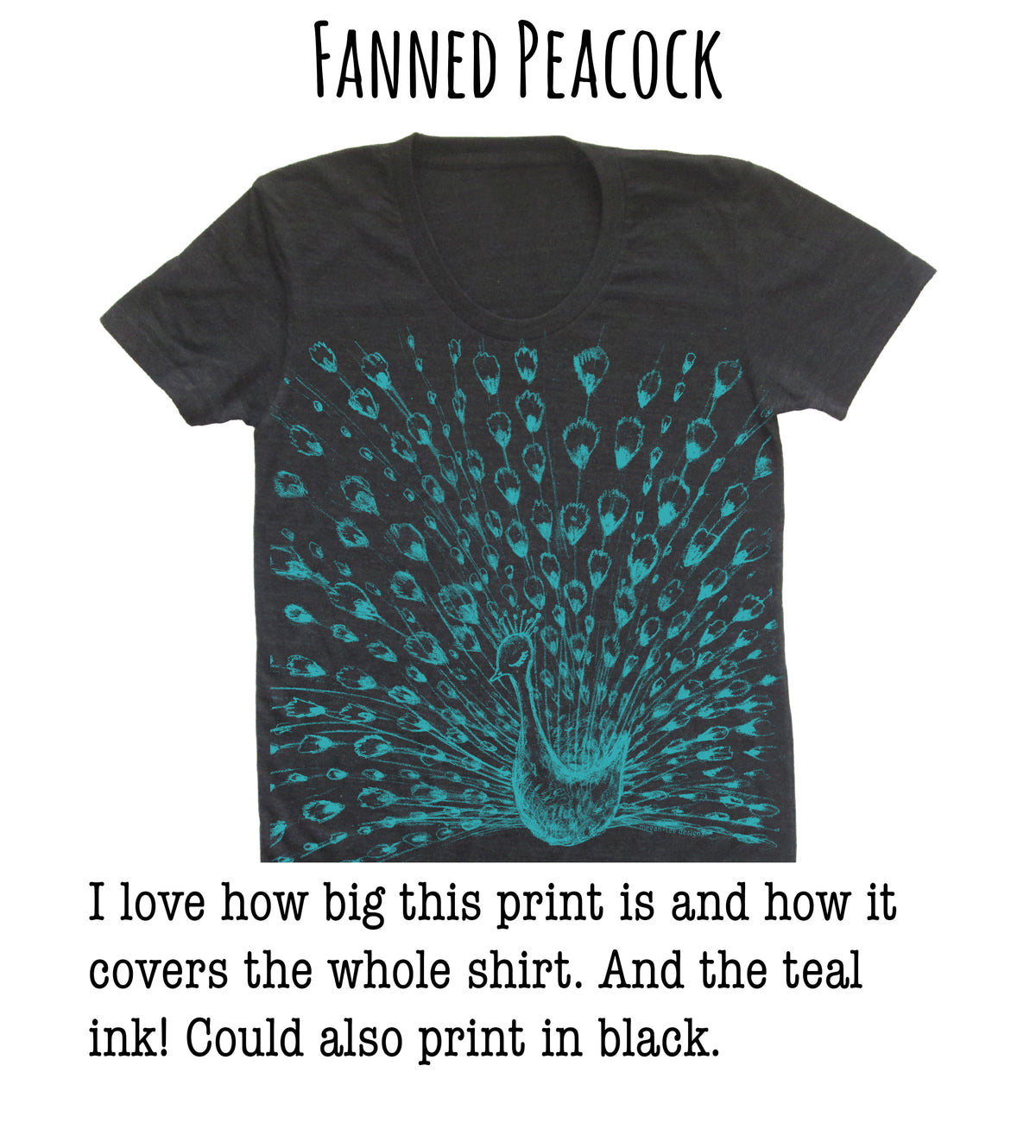 A black t-shirt with a large, teal-colored peacock design printed on it.