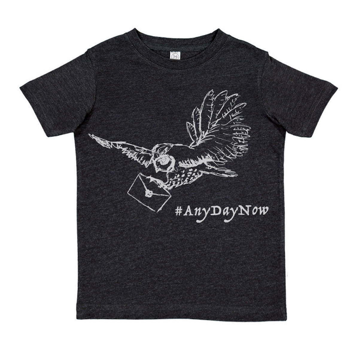 A black t-shirt with a white graphic design depicting a bird carrying a letter, accompanied by the text "#AnyDayNow" printed below.