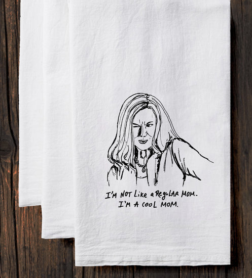 A hand-drawn illustration of a woman with long hair, accompanied by the text "I'M NOT LIKE A REGULAR MOM. I'M A COOL MOM."