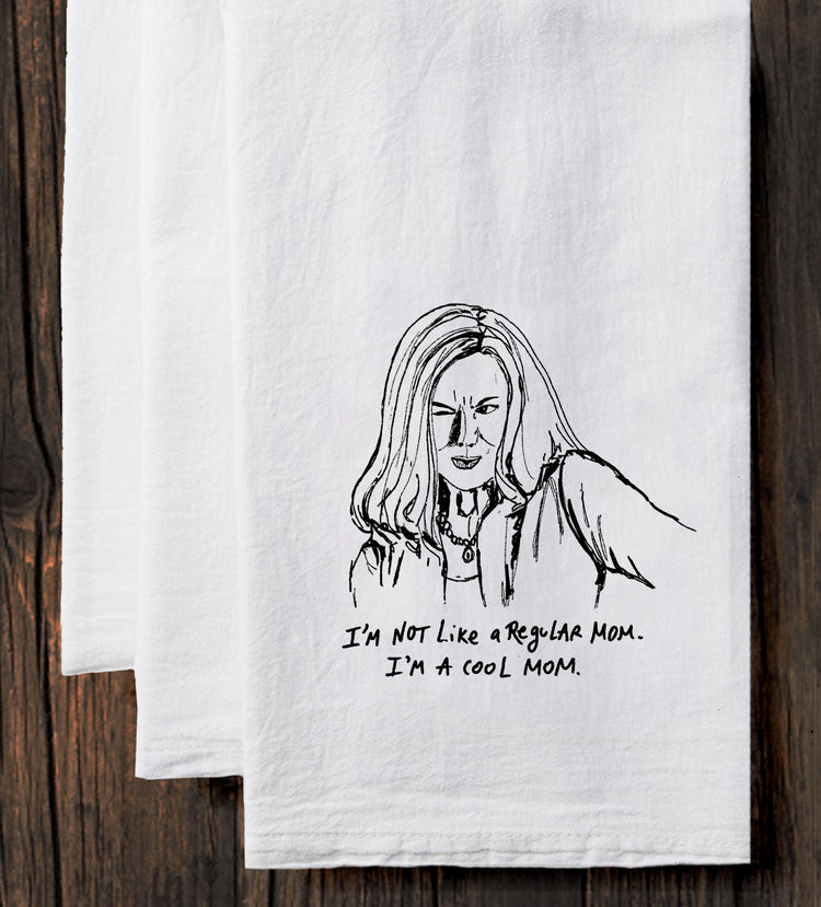 A hand-drawn illustration of a woman with long hair, accompanied by the text "I'M NOT LIKE A REGULAR MOM. I'M A COOL MOM."