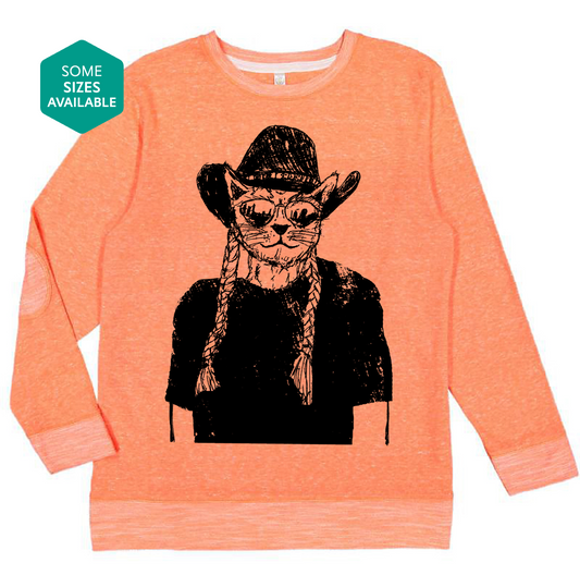 an orange shirt with a picture of a cat wearing a cowboy hat