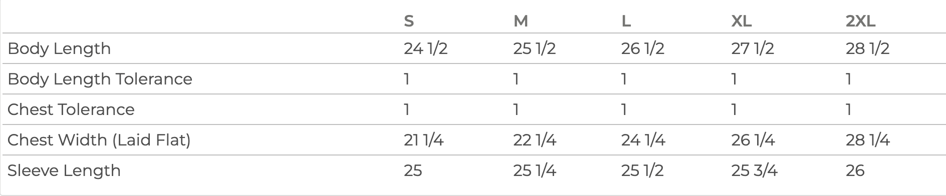a table with various measurements and sizes for different clothing items, such as body length, chest width, and sleeve length.