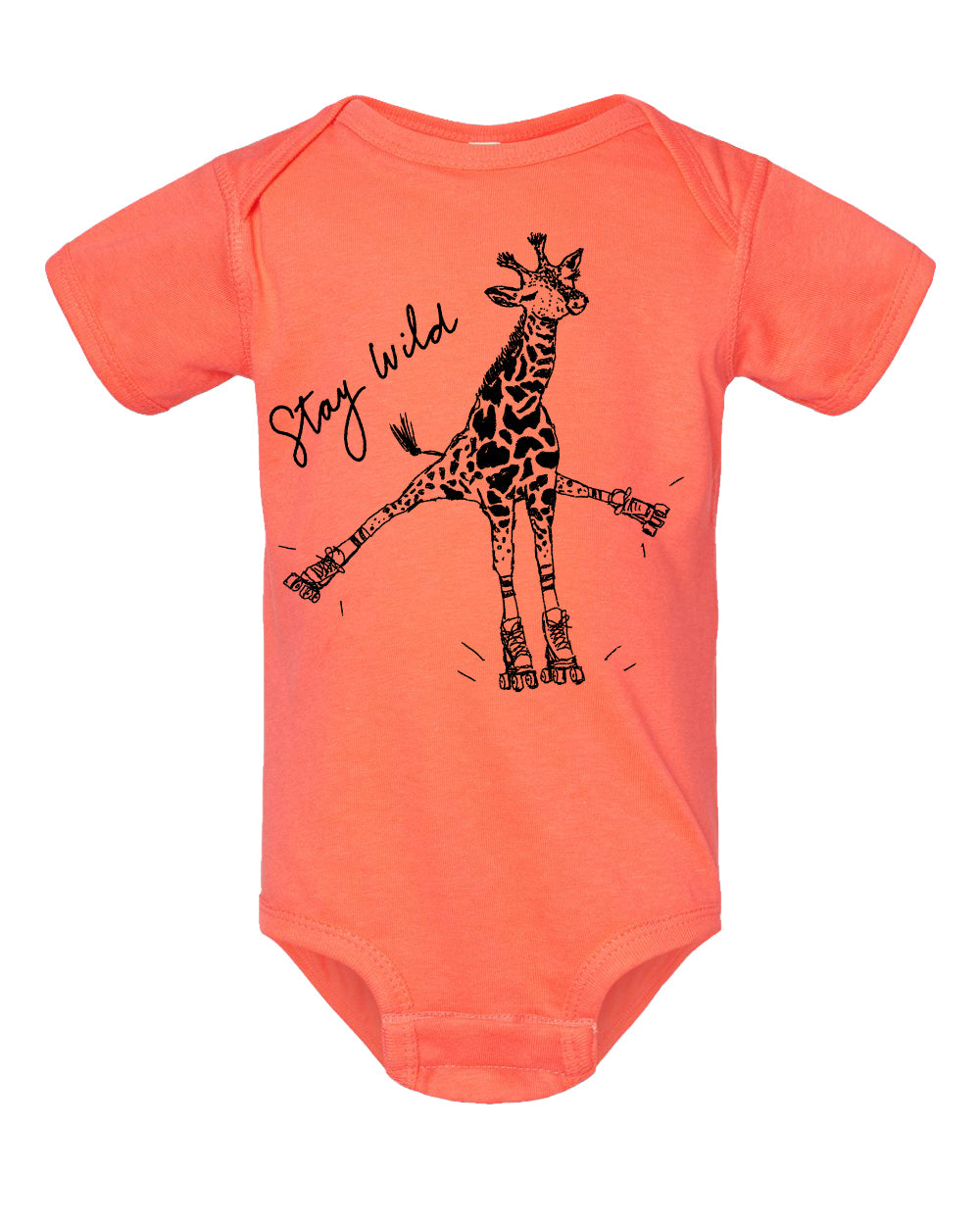 The image is a bright orange baby onesie with a graphic of a giraffe on it.