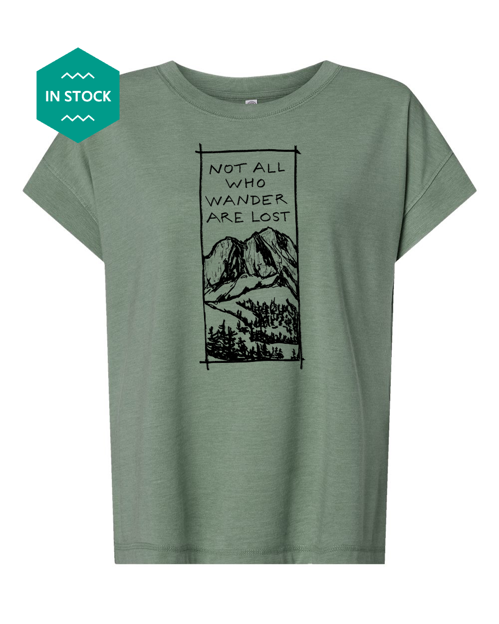 a green t - shirt with a picture of a mountain