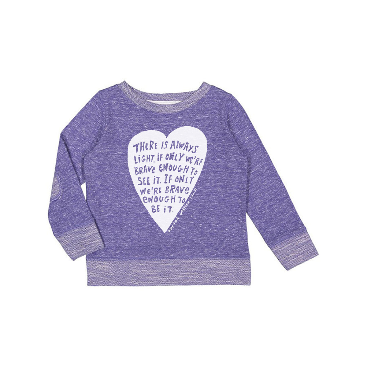 a purple long-sleeved shirt with a heart-shaped design and a quote printed on it.