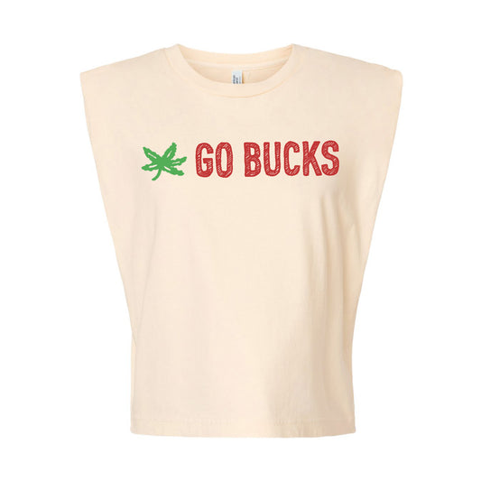 A beige t-shirt with the text "GO BUCKS" printed on it in red and green lettering.