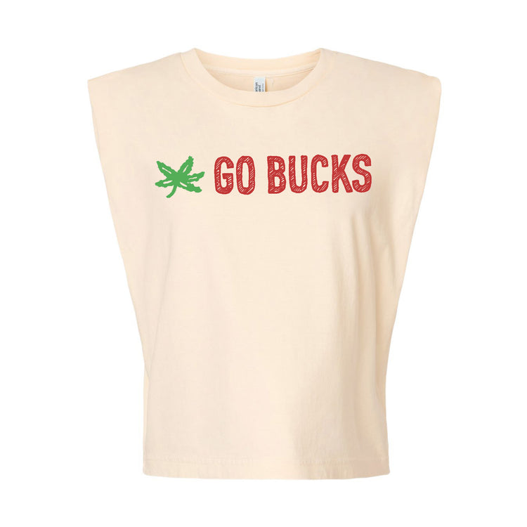 A beige t-shirt with the text "GO BUCKS" printed on it in red and green lettering.
