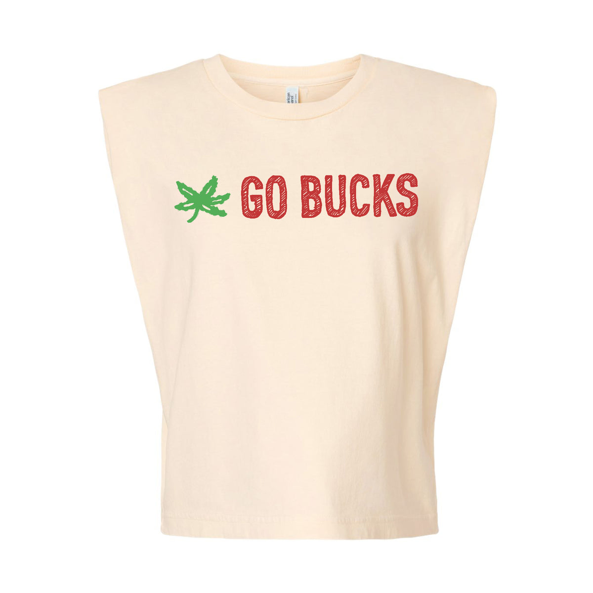 A beige t-shirt with the text "GO BUCKS" printed on it in red and green lettering.