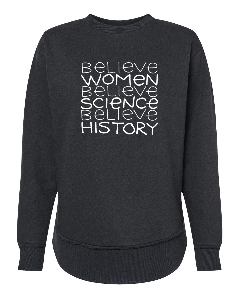 A black sweatshirt with white text printed on it.