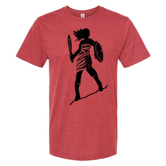 A red t-shirt with a black silhouette of a person holding a shield and sword, standing on a stick.