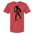 A red t-shirt with a black silhouette of a person holding a shield and sword, standing on a stick.