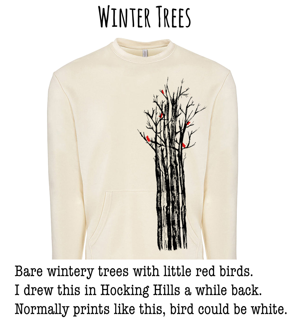 A white sweater with a graphic design depicting a group of bare winter trees with red birds perched on them.