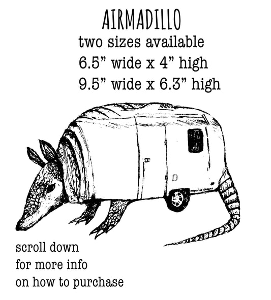 an armadillo, which is a type of armored mammal. It is described as having two sizes available, with dimensions of 6.5" wide x 4" high and 9.5" wide x 6.3" high. The image also includes text that suggests the armadillo can be rolled down for more information on how to purchase.