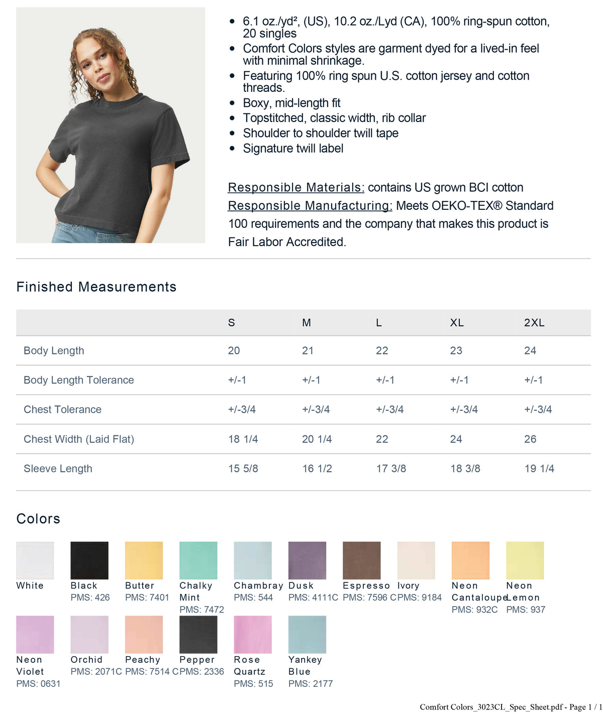 a woman wearing a black t-shirt with a signature label. The image also includes measurements and color swatches for the t-shirt.