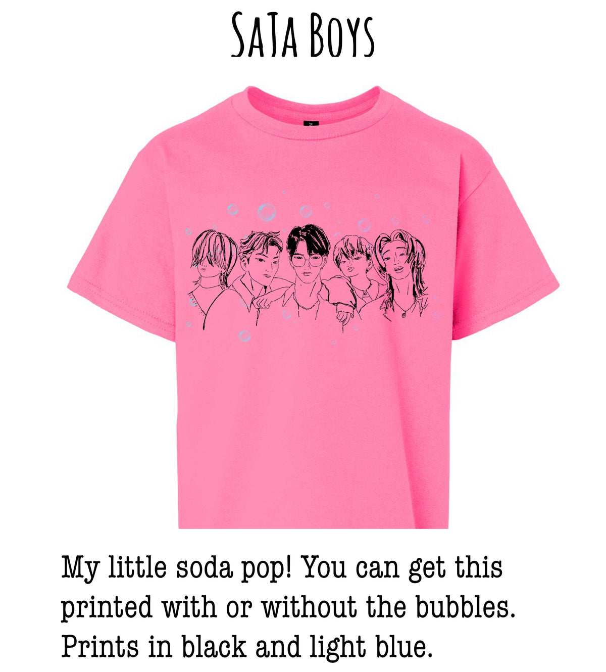 A pink t-shirt with a graphic design of five stylized human faces, along with bubbles. The text below the image provides information about the t-shirt, stating that it is a printed item and can be printed with or without the bubbles.