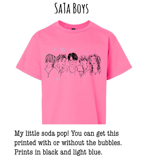 A pink t-shirt with a graphic design of five stylized human faces, along with bubbles. The text below the image provides information about the t-shirt, stating that it is a printed item and can be printed with or without the bubbles.