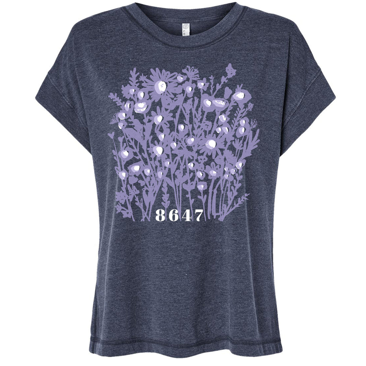 A gray t-shirt with a graphic design featuring a cluster of purple flowers and the number "8647" printed on it.