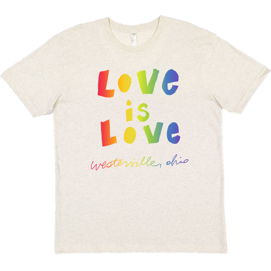 A white t-shirt with the text "Love is Love" printed in a rainbow color scheme.