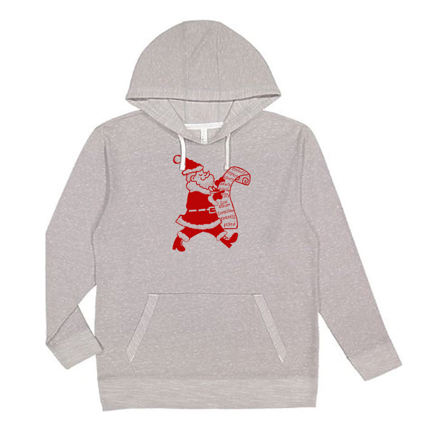 A gray hoodie with a red graphic of a Santa Claus figure on the front.