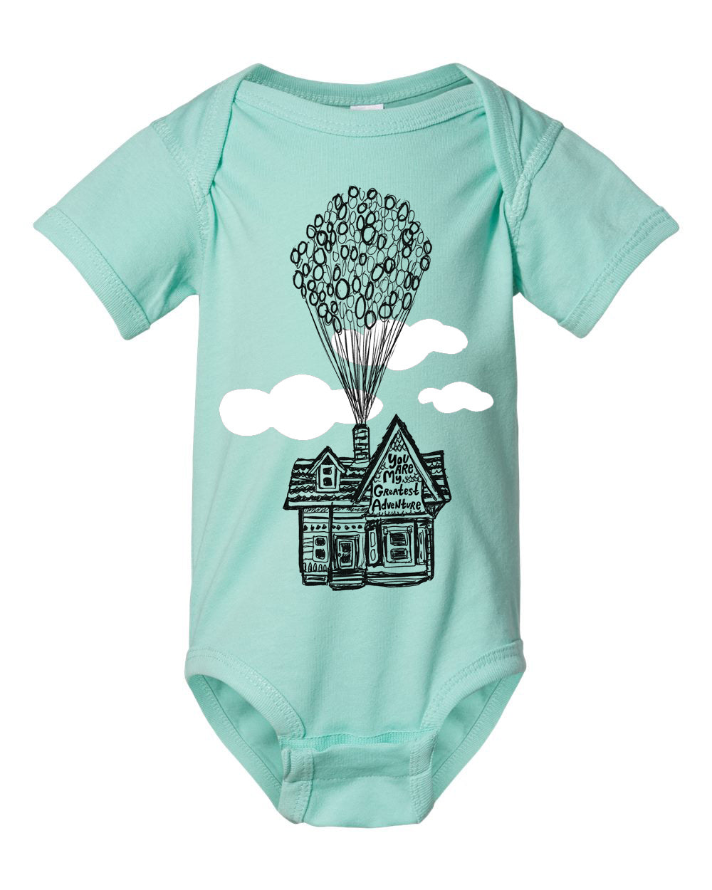 A light blue baby onesie with a graphic design depicting a house with balloons floating above it.