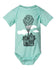 A light blue baby onesie with a graphic design depicting a house with balloons floating above it.