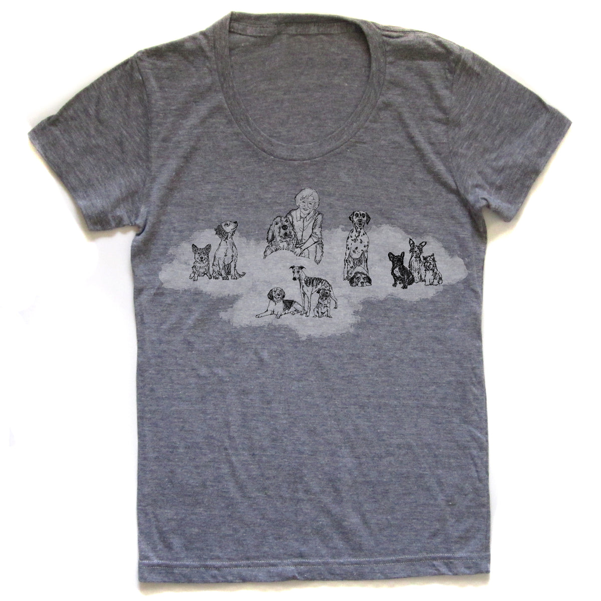 A gray t-shirt with a graphic design depicting a group of dogs in various poses and positions.