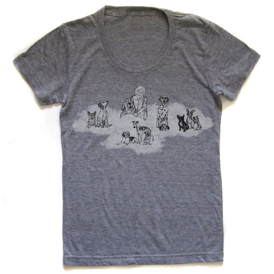 A gray t-shirt with a graphic design depicting a group of dogs in various poses and positions.