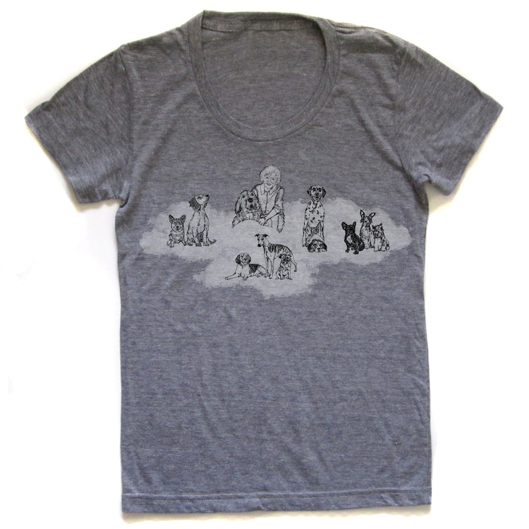 A gray t-shirt with a graphic design depicting a group of dogs in various poses and positions.