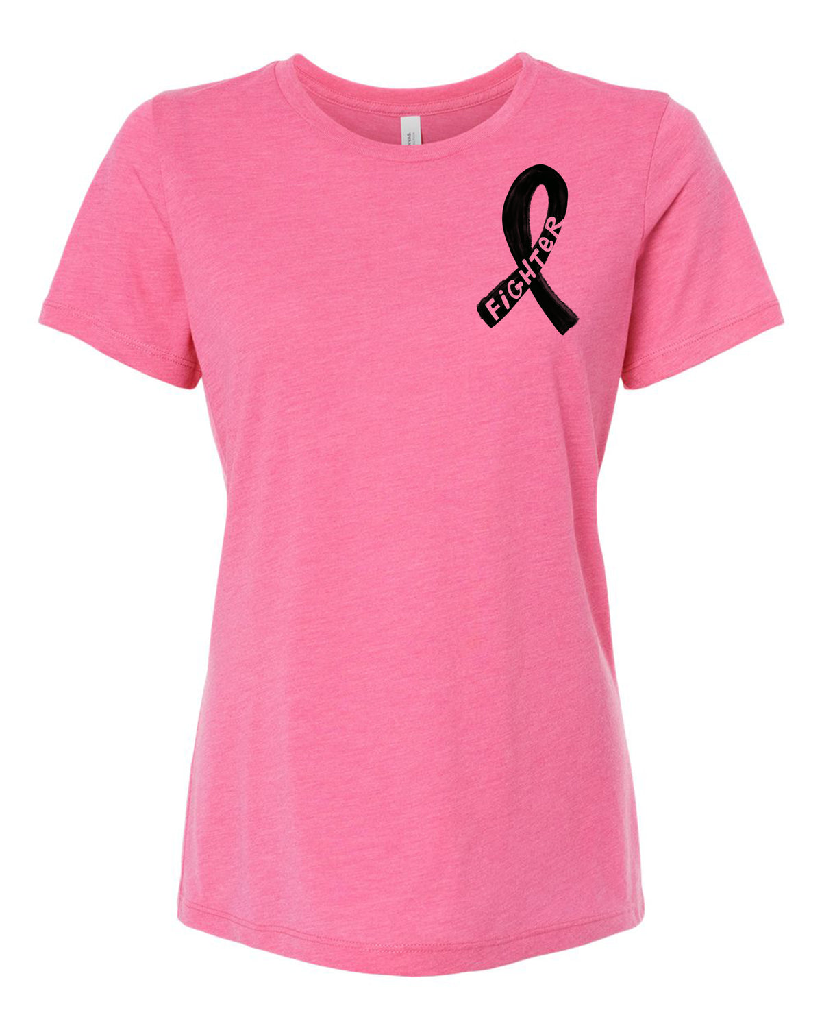 A pink t-shirt with a black ribbon design on the left side, which is commonly associated with breast cancer awareness.