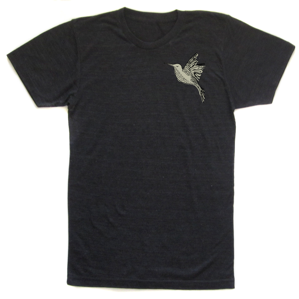A black t-shirt with a white bird embroidered on the front.