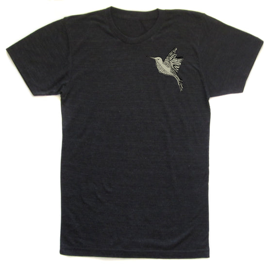 A black t-shirt with a white bird embroidered on the front.