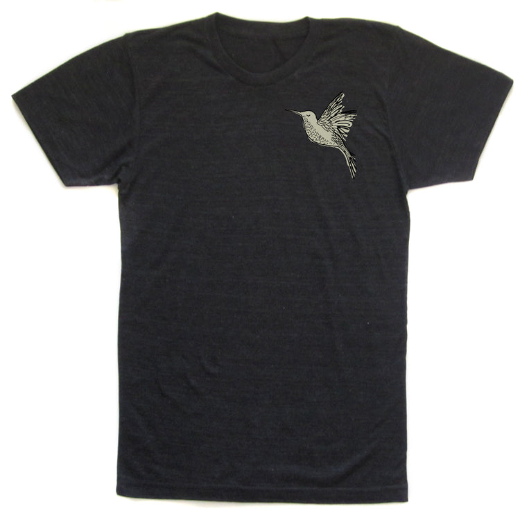 A black t-shirt with a white bird embroidered on the front.