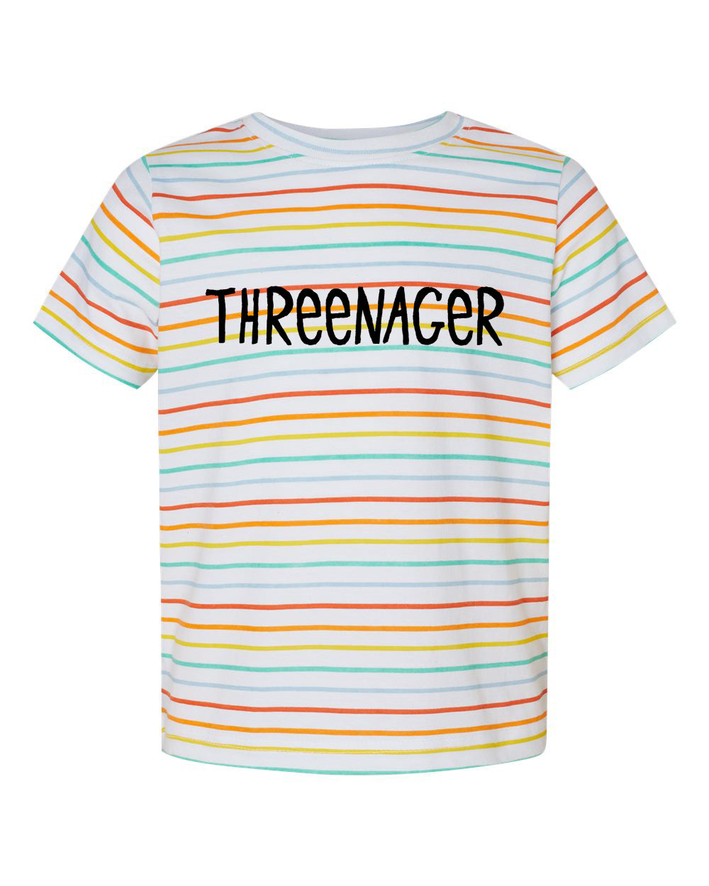 A white t-shirt with multicolored stripes and the text "THREEENAGER" printed on it.