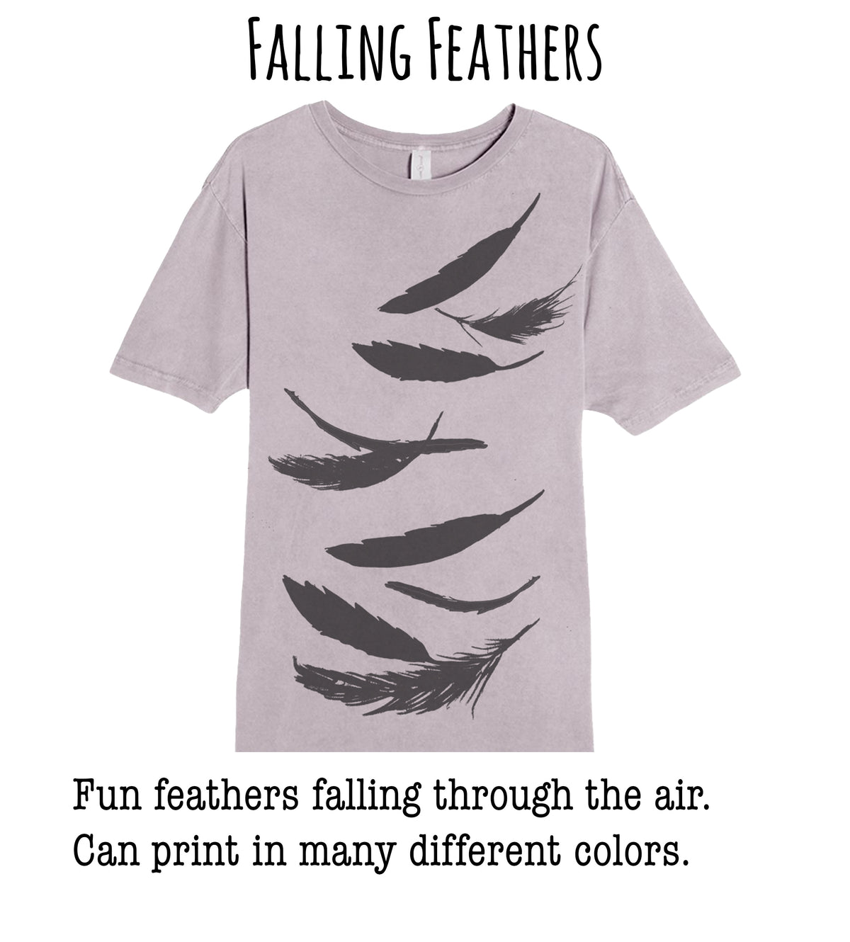 A gray t-shirt with a graphic design of falling feathers in various shades of gray.