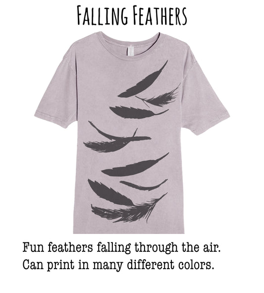A gray t-shirt with a graphic design of falling feathers in various shades of gray.