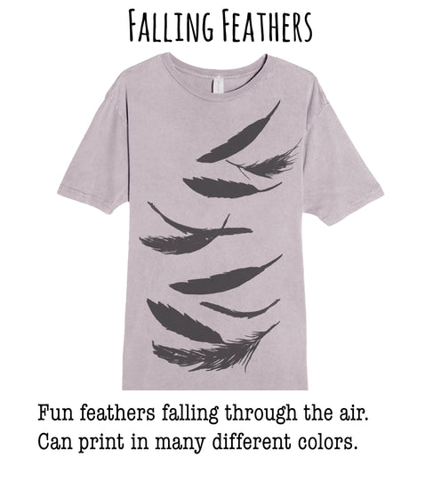 A gray t-shirt with a graphic design of falling feathers in various shades of gray.