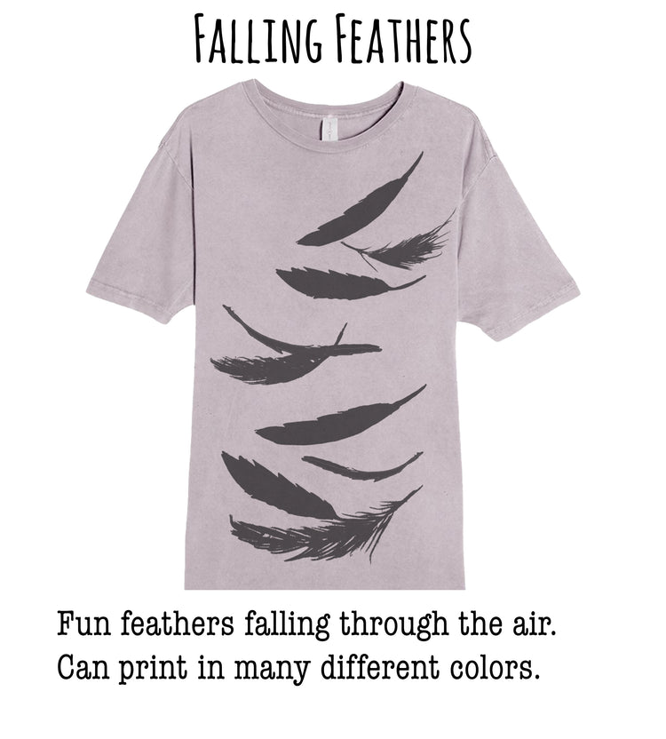 A gray t-shirt with a graphic design of falling feathers in various shades of gray.